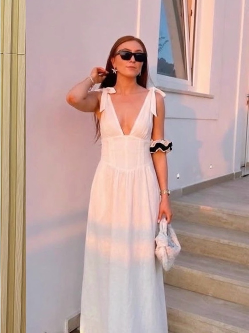 Zara White Tie-Shoulder V-Neck Maxi Dress
